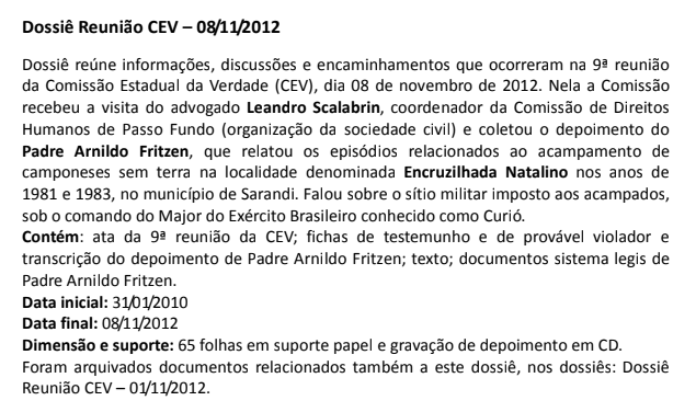 Print do Verbete "Dossiê Reunião CEV - 08/11/2012"