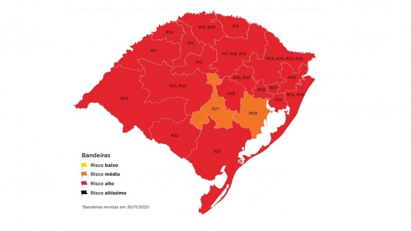 Mapa resultante da 30ª rodada - Modelo de Distanciamento Controlado no RS