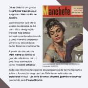 Descrição da imagem:
A imagem apresenta um cartaz informativo com fundo claro, combinando texto explicativo e elementos visuais históricos.

No centro, há uma fotografia de Ivaná, artista travesti, que aparece na capa da revista Manchete, datada de 26 de setembro de 1953.

Ao redor da imagem, há textos explicativos sobre o grupo Les Girls, sua origem e o contexto histórico da designação "travesti" no Brasil.

