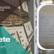 Imagem gr&aacute;fica de divulga&ccedil;&atilde;o do Arquivo P&uacute;blico do Estado do Rio Grande do Sul (APERS).

O layout &eacute; dividido em duas partes. &Agrave; esquerda, h&aacute; um fundo com fotografias de estantes de arquivo cheias de documentos antigos. Sobre esse fundo, aparece um tri&acirc;ngulo verde transl&uacute;cido com os textos: &ldquo;#Descobrindo o acervo&rdquo; no topo e, em destaque, &ldquo;Caso do Bilhete&rdquo;. Abaixo, est&aacute; a identifica&ccedil;&atilde;o &ldquo;Arquivo P&uacute;blico do RS&rdquo;. Tamb&eacute;m h&aacute; um elemento gr&aacute;fico estilizado em preto, semelhante a linhas formando uma figura abstrata.

&Agrave; direita, dentro de uma moldura branca arredondada, aparece a fotografia de um documento hist&oacute;rico. Trata-se de um papel envelhecido com um bilhete manuscrito a l&aacute;pis, contendo um relato de viol&ecirc;ncia e cr&iacute;ticas &agrave; atua&ccedil;&atilde;o da justi&ccedil;a. No canto inferior direito do bilhete, h&aacute; um pequeno desenho de um rosto humano de perfil.

O conjunto da imagem sugere a apresenta&ccedil;&atilde;o de um caso hist&oacute;rico encontrado no acervo do arquivo.